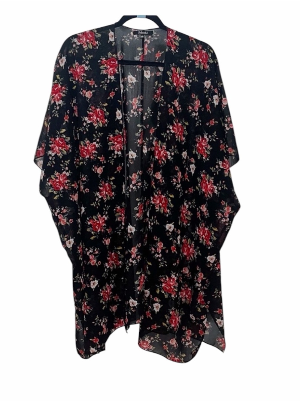 Boho Open Front Floral Duster sheer Cardigan Kimono Size Medium in Black